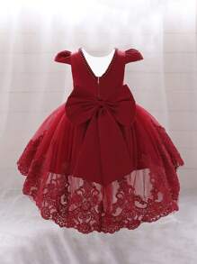 Lace Trim Bow Decor Sweet & Cute Princess Dress, Suitable For Outing And Holiday, Excluding Headband - 酒紅色 - 查看 4