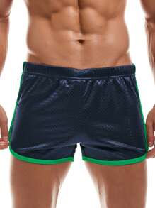Men Contrast Binding Sports Shorts - Navy Blue - View 1