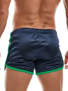 Men Contrast Binding Sports Shorts - Navy Blue - View 2