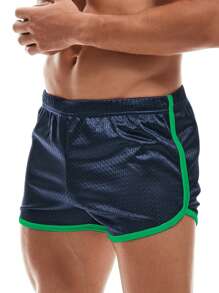 Men Contrast Binding Sports Shorts - Navy Blue - View 4