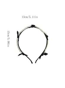 1pc Retro Pearl Bow Headband, Black - Black and White - View 3