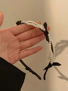 1pc Retro Pearl Bow Headband, Black - Black and White - View 1