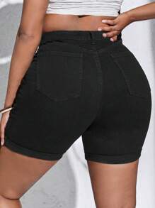Flexra Plus High Waist Roll Hem Denim Shorts - Black - View 2