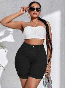 Flexra Plus High Waist Roll Hem Denim Shorts - Black - View 4