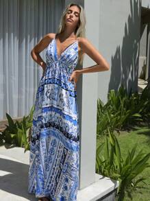 SHEIN VCAY Plants Print Crisscross Backless Cami Dress - Multicolor - View 6