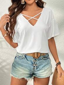 SHEIN VCAY Solid Criss Cross Front Tee - White - View 4