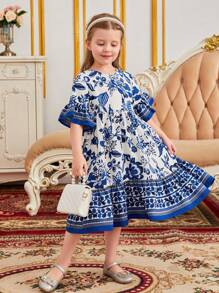 SHEIN Leap Crew 年輕女孩花印荷葉邊飄裙連衣裙 - 藍色 - 查看 5