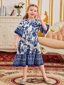 SHEIN Leap Crew 年輕女孩花印荷葉邊飄裙連衣裙 - 藍色 - 查看 3