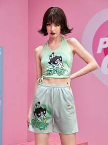 The Powerpuff Girls | ROMWE Shorts deportivos con estampado de dibujos animados - verde menta - Ver 3