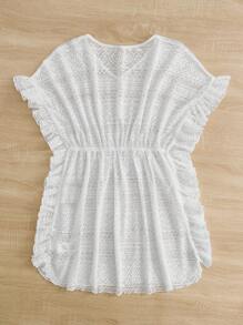 SHEIN 青少年女孩荷葉邊蝙蝠袖罩衫 - 白色 - 查看 2
