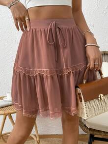 SHEIN Frenchy Eyelash Lace Trim Tie Front Ruffle Hem Skirt - Redwood - View 6