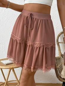 SHEIN Frenchy Eyelash Lace Trim Tie Front Ruffle Hem Skirt - Redwood - View 7