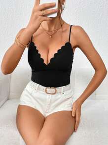 SHEIN Privé Scallop Trim Cami Top - Black - View 5