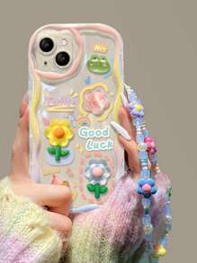 夏季花卉裝飾清晰手機殼配手機掛繩 - 軍綠色 - 查看 3