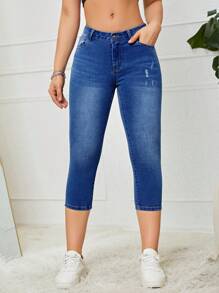 SHEIN Essnce Quần jean nữ Nút Túi Dây kéo màu trơn - Rửa tối - Xem 4