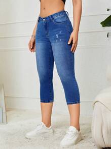 SHEIN Essnce Quần jean nữ Nút Túi Dây kéo màu trơn - Rửa tối - Xem 1