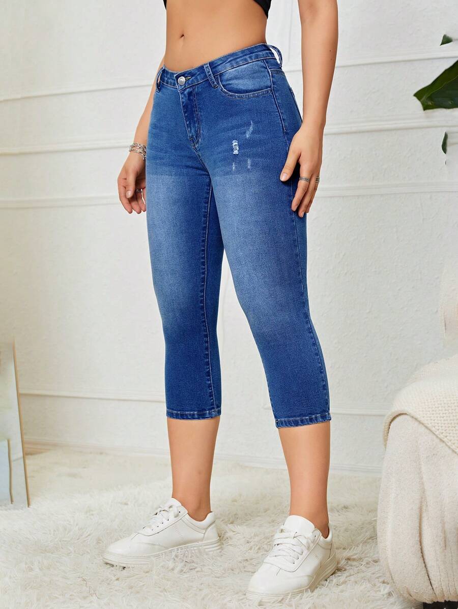 SHEIN Essnce Quần jean nữ Nút Túi Dây kéo màu trơn - Rửa tối - Xem 1