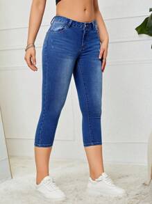 SHEIN Essnce Quần jean nữ Nút Túi Dây kéo màu trơn - Rửa tối - Xem 5