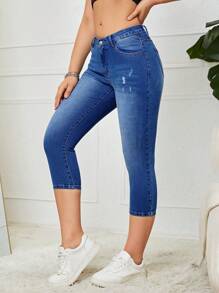 SHEIN Essnce Quần jean nữ Nút Túi Dây kéo màu trơn - Rửa tối - Xem 3