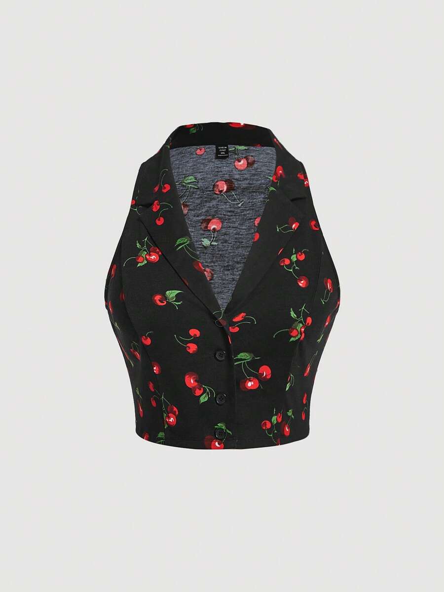 SHEIN MOD 大碼櫻桃圖案前紐扣短版西裝 - 彩色 - 查看 1