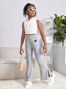 SHEIN Cô gái Tween Ánh sáng Xám Màu thuần Giải trí & Thoải mái Quần ống loe , Thích hợp Cho mùa hè Và Mùa thu - Màu Xám nhạt - Xem 4