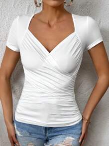 SHEIN Privé Áo thun nữ Xù Trọn gói màu trơn Giải trí - trắng - Xem 3