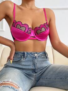 Heart Embroidery Underwire Bra - Hot Pink - View 5