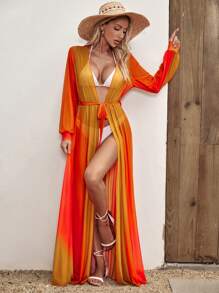 EMERY ROSE Ombre Print Belted Mesh Kimono Without Bikini Set - Orange - View 1