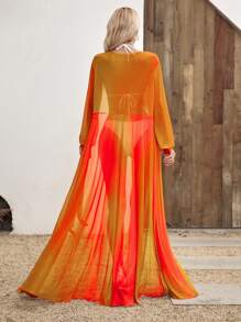 EMERY ROSE Ombre Print Belted Mesh Kimono Without Bikini Set - Orange - View 2