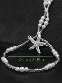 Tropiscape 2条仿珍珠弹力脚链，从指尖延伸至脚趾，镶嵌闪亮水钻，海星造型沙滩脚链，时尚饰品，营造度假氛围，休闲海滩风，秋季圣诞节冬季圣诞礼物 - 白色 - 查看 3