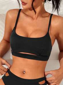 SHEIN Swim Summer Beach Solid Cut Out Bikini Top - Black - View 5