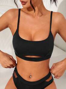 SHEIN Swim Summer Beach Solid Cut Out Bikini Top - Black - View 4