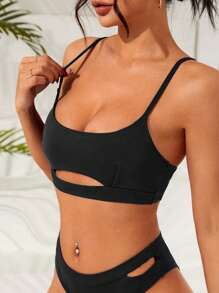 SHEIN Swim Summer Beach Solid Cut Out Bikini Top - Black - View 6