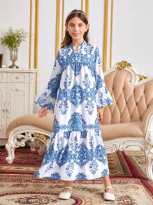 SHEIN Leap Crew Tween Girl Floral Print Flounce Sleeve Ruffle Hem Smock Dress - Blue and White - View 3