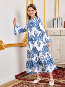 SHEIN Leap Crew Tween Girl Floral Print Flounce Sleeve Ruffle Hem Smock Dress - Blue and White - View 4