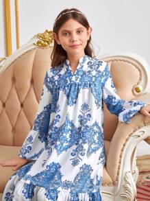 SHEIN Leap Crew Tween Girl Floral Print Flounce Sleeve Ruffle Hem Smock Dress - Blue and White - View 5