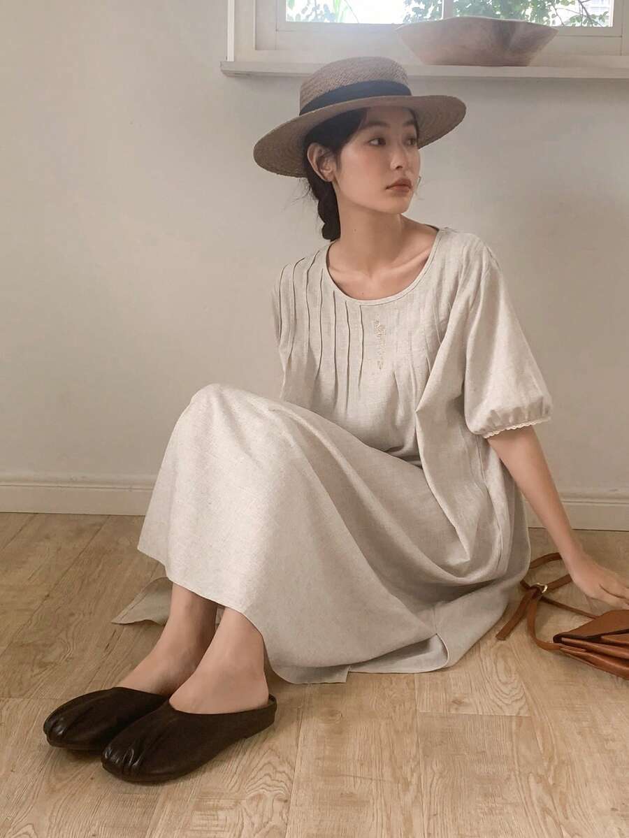 DAZY 素色拼接細節泡泡袖連衣裙 - 卡其色 - 查看 1