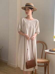 DAZY 素色拼接細節泡泡袖連衣裙 - 卡其色 - 查看 7