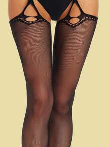 1雙女士素色休閒吊帶襪漁網褲襪 - 黑色 - 查看 3
