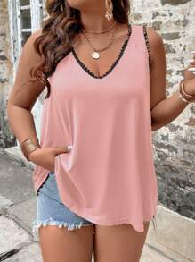 SHEIN LUNE 加大对比色蕾丝背心 图案猎豹印花 T 恤 女式上衣 - 淺粉色 - 查看 1