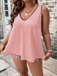 SHEIN LUNE 加大对比色蕾丝背心 图案猎豹印花 T 恤 女式上衣 - 淺粉色 - 查看 3