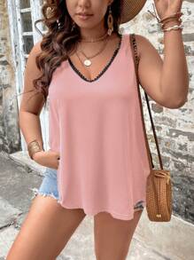 SHEIN LUNE 加大对比色蕾丝背心 图案猎豹印花 T 恤 女式上衣 - 淺粉色 - 查看 5