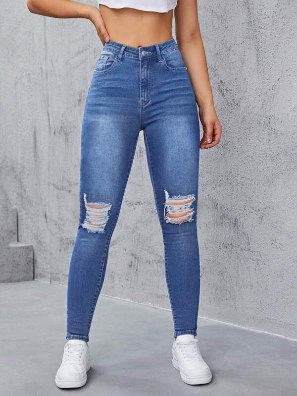 High Waist Ripped Roll Up Hem Skinny Jeans SHEIN USA