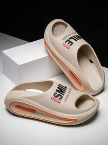 Men Letter Graphic Cut Out Single Band Slides, Be Outdoor EVA Slides - Màu be - Xem 2