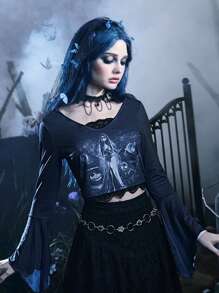 Corpse Bride | ROMWE Figure Graphic Contrast Lace Tee Gothic - Dark Grey - View 1