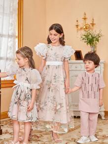 SHEIN 幼兒女童公主裙，配有蓬鬆紗綢袖、刺繡蕾絲裙和腰帶 - 淺粉色 - 查看 9