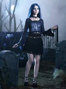 Corpse Bride | ROMWE Figure Graphic Contrast Lace Tee Gothic - Dark Grey - View 4