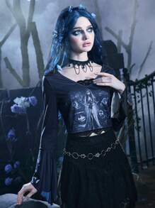 Corpse Bride | ROMWE Figure Graphic Contrast Lace Tee Gothic - Dark Grey - View 6
