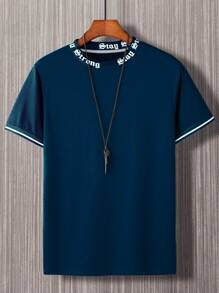 Manfinity Homme Men Letter Graphic Contrast Trim Tee Without Necklace - Navy Blue - View 1