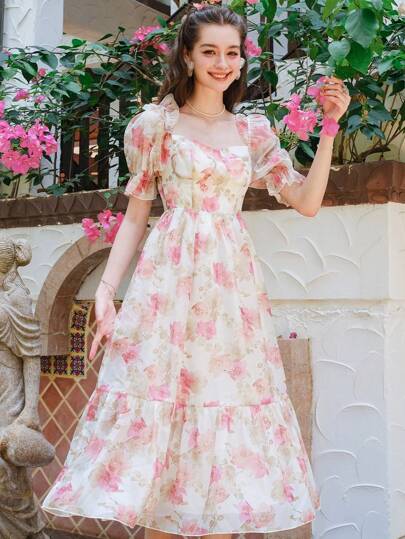 印花泡泡袖荷葉邊連衣裙